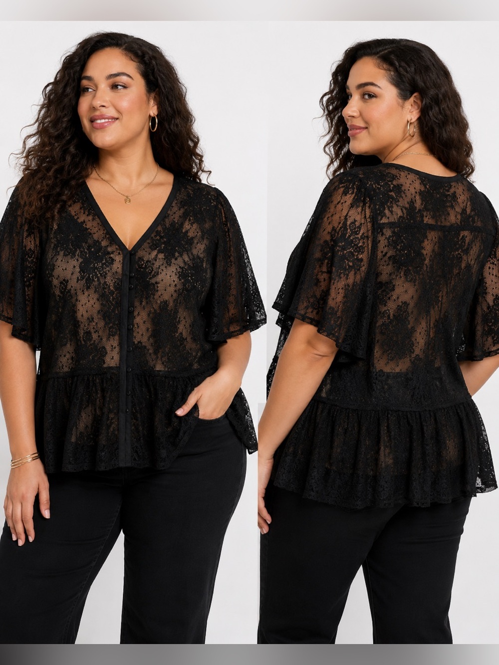 Lane Bryant 26/28 Black Sheer Floral Lace Peplum Blouse Flutter Sleeve Gothic